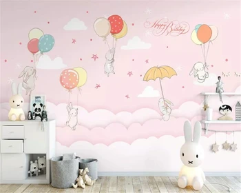 Пользовательские мультяшные 3D обои облако прекрасный кролик воздушный шар украшение детской комнаты картина фон обои для стен 3d