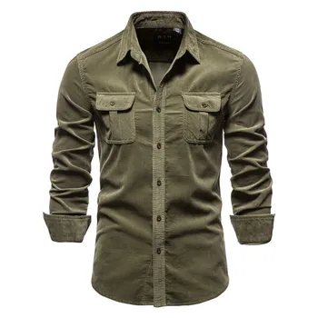 однобортная мужская рубашка из 100% хлопка, деловые повседневные модные однотонные вельветовые мужские рубашки, осенняя тонкая рубашка, топы ArmyGreen