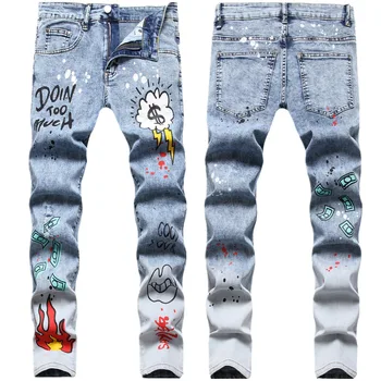 Брюки Мужские в стиле хип-хоп с многоцветным принтом, нашивка с дырками, Тонкие эластичные прямые джинсы в виде жареной снежинки, маленькие Джинсы для мужчин