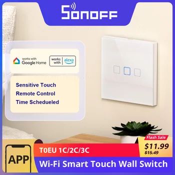 SONOFF T0EU Wi-Fi Умный настенный выключатель, Вспышка, Чувствительный сенсорный пульт дистанционного управления, Расписание работы через eWeLink Работает с Alexa Google