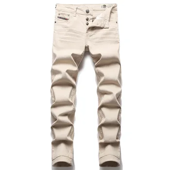 Мужские джинсы Простая атмосфера, однотонные повседневные брюки с вышивкой до середины талии, модные джинсовые брюки, тонкая стрейчевая уличная одежда