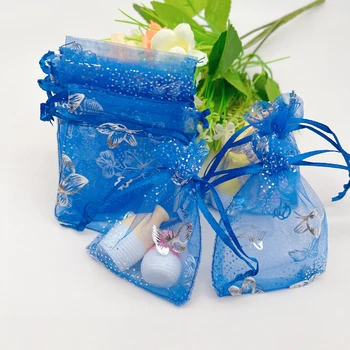 100шт Подарочные пакеты из органзы королевского синего цвета с бабочкой Свадебная упаковка Сумки для хранения ювелирных изделий Сумка-саше с голубой бабочкой Мешочек на шнурке