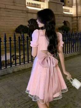 2022 Женское Милое Розовое мини-платье трапециевидной формы с пышными рукавами, женское сетчатое праздничное платье с квадратным воротником, блестящее дизайнерское платье для девочек