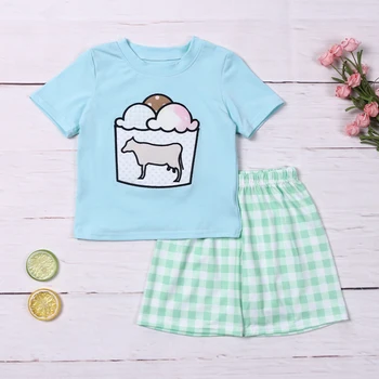 Комплекты летних брюк для мальчиков от 1 до 8 лет, Небесно-голубой топ, зеленые шорты, костюмы из 2 предметов, одежда с коротким рукавом и вышивкой из коровьего мороженого