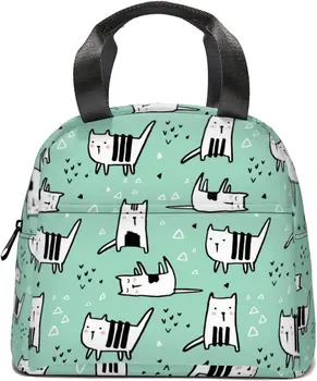 Светло-зеленый ланч-бокс с каракулями в кошачью полоску, сумка для ланча с геометрическим принтом, Многоразовая сумка-холодильник с карманами, сумка-холодильник для ланча