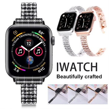 Металлический Ремешок с Бриллиантами для Apple Watch Band Luxury Iwatch 6 5 SE 4 3 Band 38 мм 40 мм 42 мм 44 мм Маленький Браслет Из Нержавеющей Стали Bling