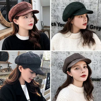 Корейская версия восьмиугольной шляпы в стиле ретро в литературном стиле, осенне-зимний повседневный берет в клетку Everything
