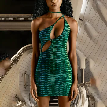 Винтажное женское облегающее платье с геометрическим рисунком 2022, Сексуальное мини-платье Y2K неправильной формы с вырезом на одно плечо для клубной вечеринки на бретельках