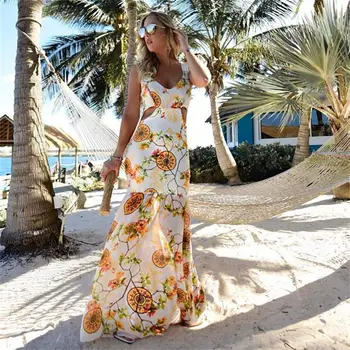 Шифоновое пляжное платье HGTE, сексуальное Летнее платье в стиле пэчворк с V-образным вырезом, Женские вечерние платья больших размеров с цветочным принтом