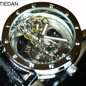 Люксовый бренд TIEDAN, Мужские наручные часы с турбийоном из прозрачного серебра, Часы из натуральной кожи, Скелет, Автоматические Механические часы