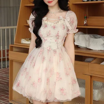 Мини-платье с французским принтом для женщин 2023 Летний дизайн ногтей с бантом и бисером Розовые сетчатые платья Женское Японское Милое вечернее пышное платье