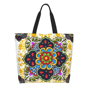 Модный принт Мексиканская цветочная сумка-тоут Talavera, Сумки для покупок, холст, сумка для покупок, Народная керамическая плитка, художественная сумка