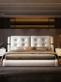 Кровать из натуральной кожи, легкая роскошь, современный и минималистичный размер, спальня, мягкая двуспальная кровать, высокий ящик для хранения, кожаная художественная кровать