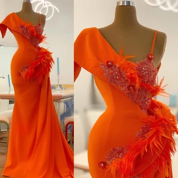 Сексуальные оранжевые платья русалки для выпускного вечера с коротким рукавом длиной до пола, роскошные африканские женские вечерние платья с оранжевыми перьями