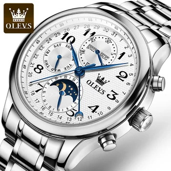 OLEVS Ведущих брендов, оригинальные Автоматические механические часы, мужские хронограф Фазы Луны, водонепроницаемые мужские наручные часы с кожаным ремешком 6667