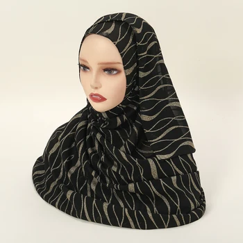 Женский Золотистый шифоновый мусульманский головной платок, Однотонные шали и палантины, блестящая Бандана из Пашмины, женский платок, Женские палантины-хиджабы