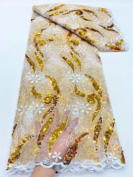 Ulifelace Африканская Кружевная Ткань 2023 Сетка Высокого Качества, Вязаные Французские Платья с Вышивкой Золотыми Блестками для Женщин 2023 OR4169