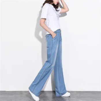 Бесплатная доставка Для женщин, новинка 2020 года, эластичные прямые джинсы с высокой талией, эластичный пояс, Свободные широкие брюки
