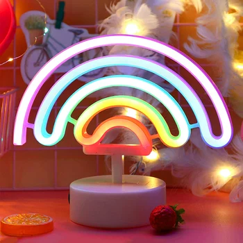 Неоновая вывеска, светодиодная неоновая лампа в форме радуги, работающая от аккумулятора / USB, Красочная неоновая лампа с основанием-держателем, Декоративный ночник Rainbow