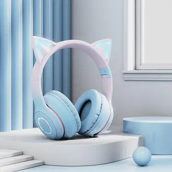 Новые беспроводные наушники Kawaii Bluetooth градиентного цвета с кошачьими ушками, Съемный микрофон, RGB-подсветка, Складная Музыкальная игровая гарнитура