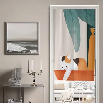 Современная абстрактная художественная роспись, Скандинавская дверная занавеска для кухни, Перегородка в дверном проеме спальни, Декоративная льняная занавеска с котом