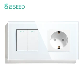 Настенный выключатель освещения BSEED на 1/2 / 3 банды, 1-позиционные кнопочные выключатели с розеткой питания ЕС, Стеклянная рамка, синяя подсветка
