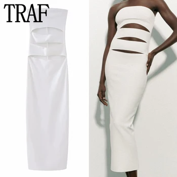 Женское корсетное платье с вырезом TRAF и открытыми плечами, белые длинные платья для женщин, облегающее платье с открытой спиной, женские вечерние платья