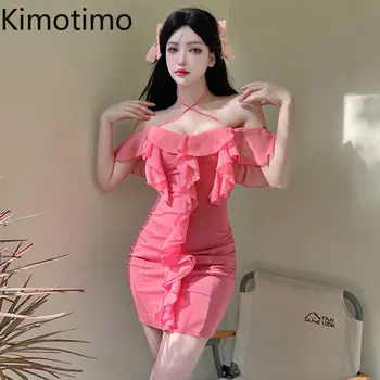 Kimotimo Сексуальное Шифоновое платье с оборками на бретелях, Женское Летнее платье с открытыми плечами, Тонкие мини-платья Y2k French Sweet Party Vestidos