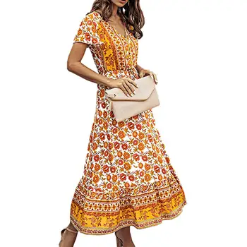 Пляжное платье Для женщин, Летняя длинная юбка в богемном стиле, Винтажный цветочный узор, Короткий рукав, V-образный вырез, плиссированная юбка на пуговицах спереди.