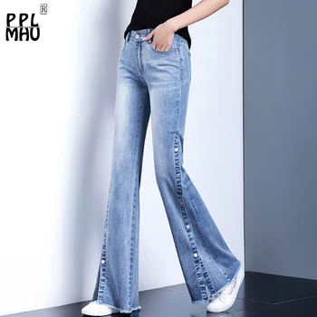 Модные расклешенные джинсы с боковыми пуговицами, женская уличная одежда с разрезом, Узкие джинсовые брюки-клеш, Длинные винтажные брюки с высокой талией Vaqueros Mujer