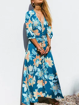 Весенне-летний женский повседневный стиль со средним рукавом Из полиэстера, материал 2023, новая мода, V-образный вырез, средняя талия, большое платье-качели
