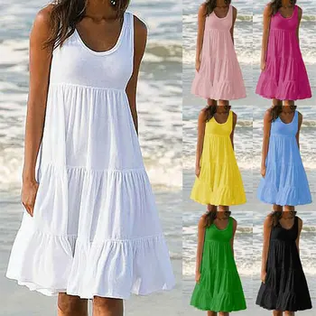 Женское повседневное мини-платье с круглым вырезом, без рукавов, с оборками, однотонный пляжный сарафан в стиле бохо, свободное платье 2023, лето