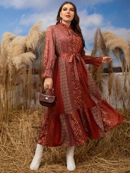 Женское платье с длинным рукавом 2023, весна-осень, воротник-стойка, Длинное платье Макси с цветочным ретро-принтом, женская одежда больших размеров