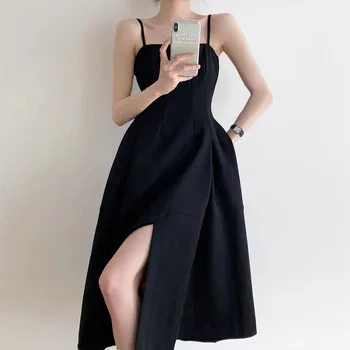 Черное винтажное летнее женское платье, Элегантное сексуальное платье трапециевидной формы с разрезом, без рукавов, с высокой талией, Длинные шикарные вечерние платья, уличная одежда