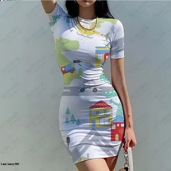 Летнее модное новое платье в обтяжку с цветочным рисунком в японском стиле, женское сексуальное повседневное платье с круглым вырезом и коротким рукавом