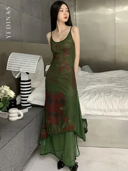 Летнее платье Yedinas Fairycore на тонких бретельках, женское сетчатое зеленое винтажное платье без рукавов, длинное вечернее платье макси Y2k