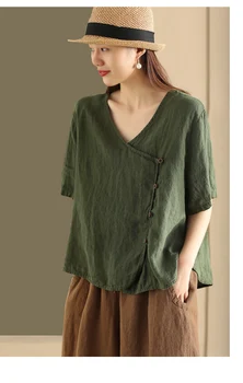 23 Женские льняные рубашки, летние винтажные однотонные топы с V-образным вырезом Xiejin, свободные женские топы Tide, Wild