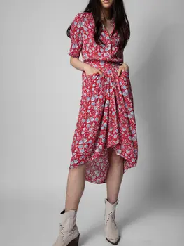 Новое весеннее платье-рубашка с цветочным принтом 2022, однобортное женское платье миди с коротким рукавом