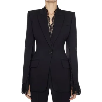 Черно-белый блейзер, женская куртка, осень-зима 2021, новый блейзер с разрезными кружевными рукавами на одной пуговице, высокое качество