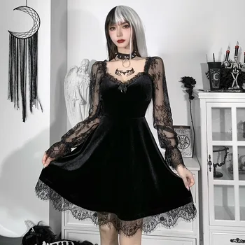 Сексуальное черное бархатное мини-платье в стиле пэчворк, кружевное облегающее платье с длинным рукавом Y2K, эстетическое готическое платье в стиле харадзюку, женская одежда E-girl