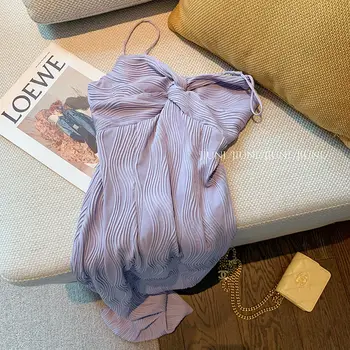 Французское нежно-фиолетовое плиссированное платье на подтяжках с V-образным вырезом, женское летнее платье 2023 года, новое высококлассное платье с темпераментной талией