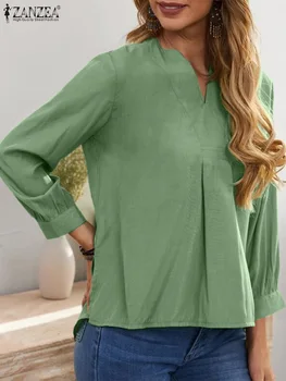 ZANZEA Повседневная элегантная блузка, весенние Женские топы с пышными рукавами, Женская однотонная рубашка с оборками, Стильная праздничная повседневная свободная сорочка 2023 года.