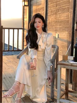 2023 Новое весеннее элегантное атласное платье миди, женское Французское винтажное платье с галстуком-бабочкой, женское повседневное цельнокроеное платье в корейском стиле, шикарное Vestido