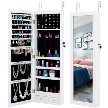 Стильный и простой зеркальный шкаф для хранения ювелирных изделий, простой в сборке, с 6 светодиодными лампочками, можно повесить на дверь или стену