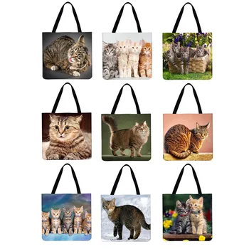 Женские модные сумки С кошачьим принтом, Складные повседневные школьные сумки через плечо, Многоразовая сумка для ежедневных покупок
