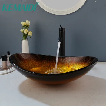 Раковины из стеклянного сосуда для ванной комнаты KEMAIDI Овальные раковины над прилавком из закаленного стекла, чаша для раковины, Матовый Черный смеситель, Комбинированный кран
