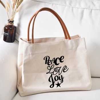 Рождественская холщовая сумка с принтом Peace Love Joy, подарок для друзей, семьи, дорожная сумка, женская сумка для покупок, пляжная сумка для покупок