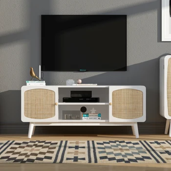 Белая телевизионная консоль с дверцей из ротанга, подставка для телевизора в стиле бохо для спальни, гостиной