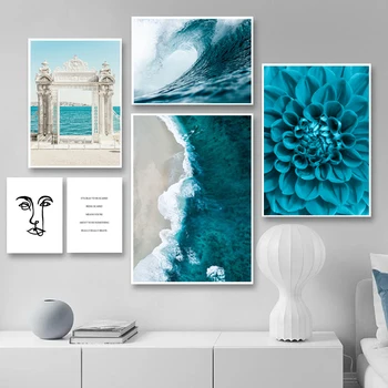 Океанские волны, синий цветок, настенный плакат, Морской пляж, пейзаж, печать на холсте, Скандинавская живопись, картина для украшения комнаты в скандинавском стиле