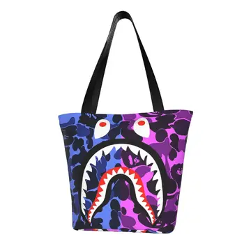 Модные камуфляжные сумки-тоут с камуфляжным принтом, сумки для покупок из переработанного холста, сумка для покупок с зубами акулы